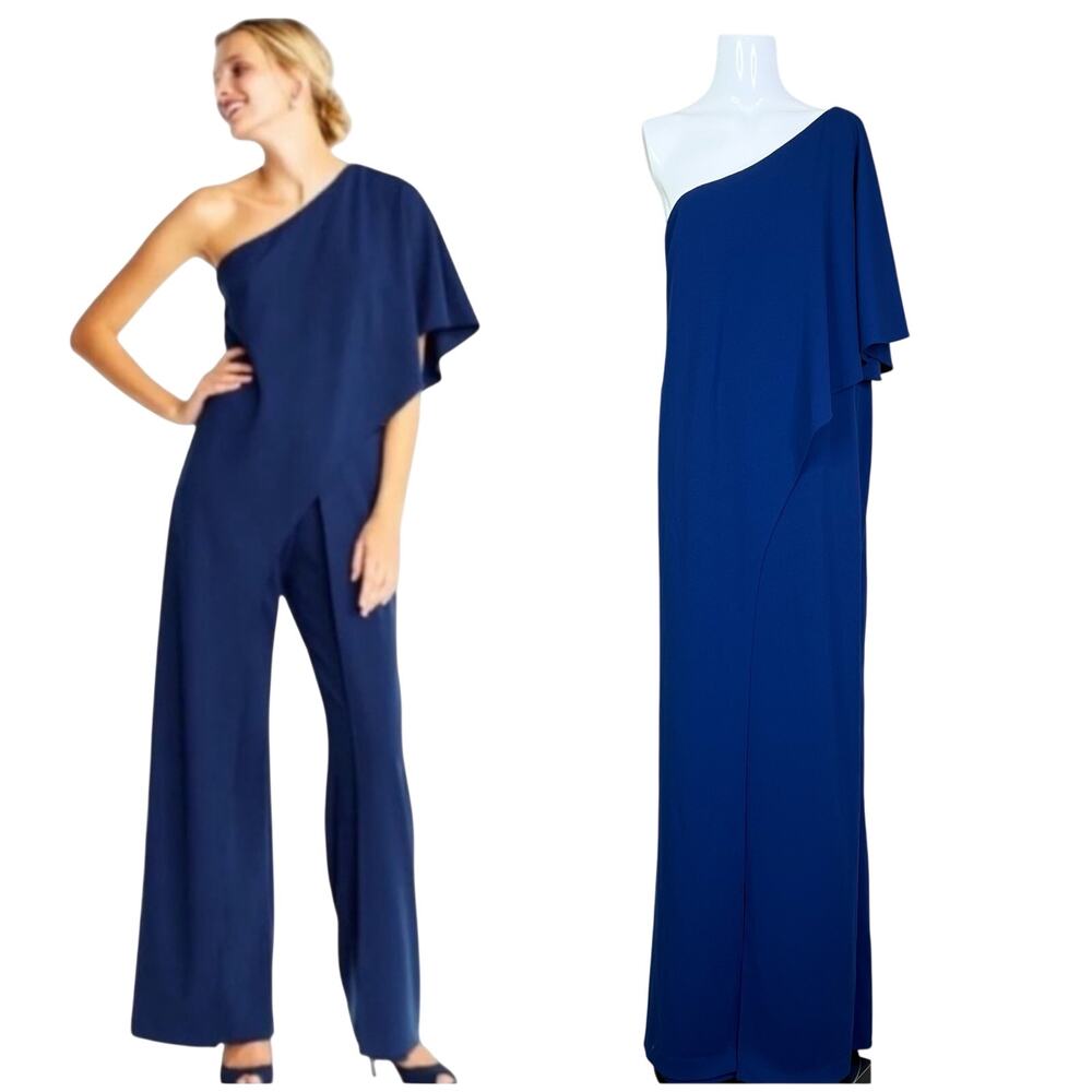 Adrianna Papell | One Shoulder Draped Navy Wide Leg Formal Plus Size Jumpsuit 18